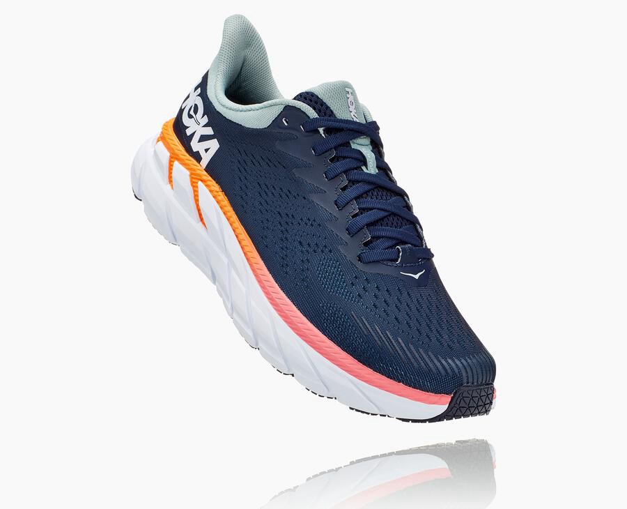 Running Shoes Womens - Hoka One One Clifton 7 - Navy/White - RJBYKWX-57